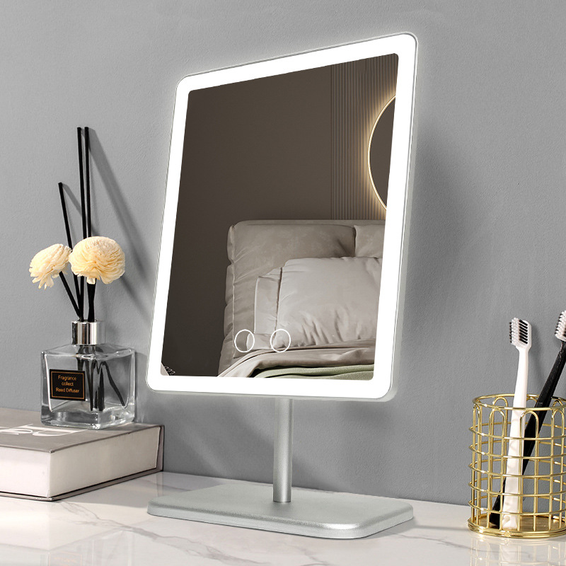 Square LED tabletop vanity mirror with touch controls