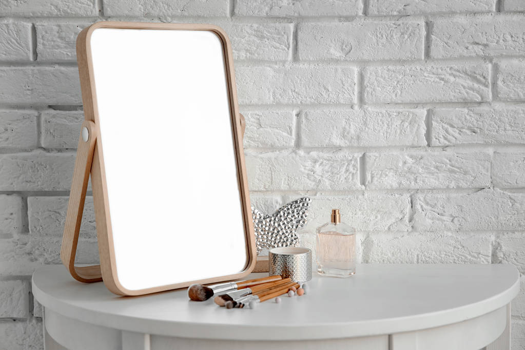Wood-frame folding non-lighted tabletop vanity mirror