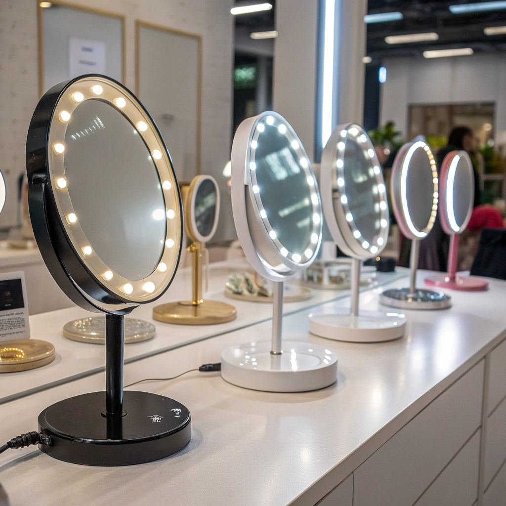 A diverse collection of modern LED makeup mirrors on display