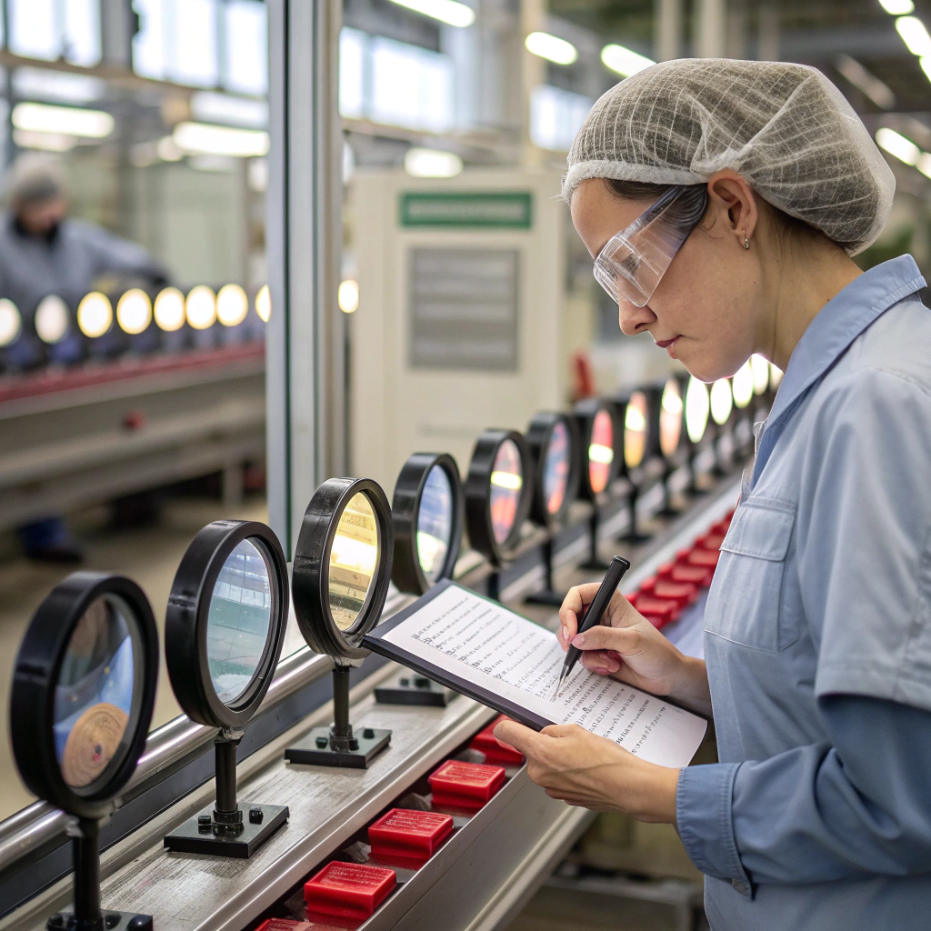 A quality control inspector examining a makeup mirror on a factory line with a checklist.