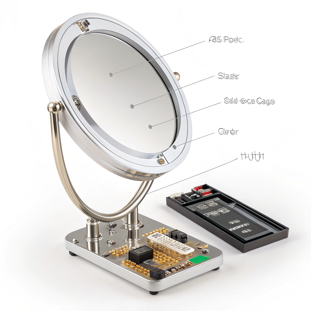 An exploded-view diagram showing the high-quality materials of a makeup mirror: ABS plastic, silver-coated glass, and high-CRI LEDs.