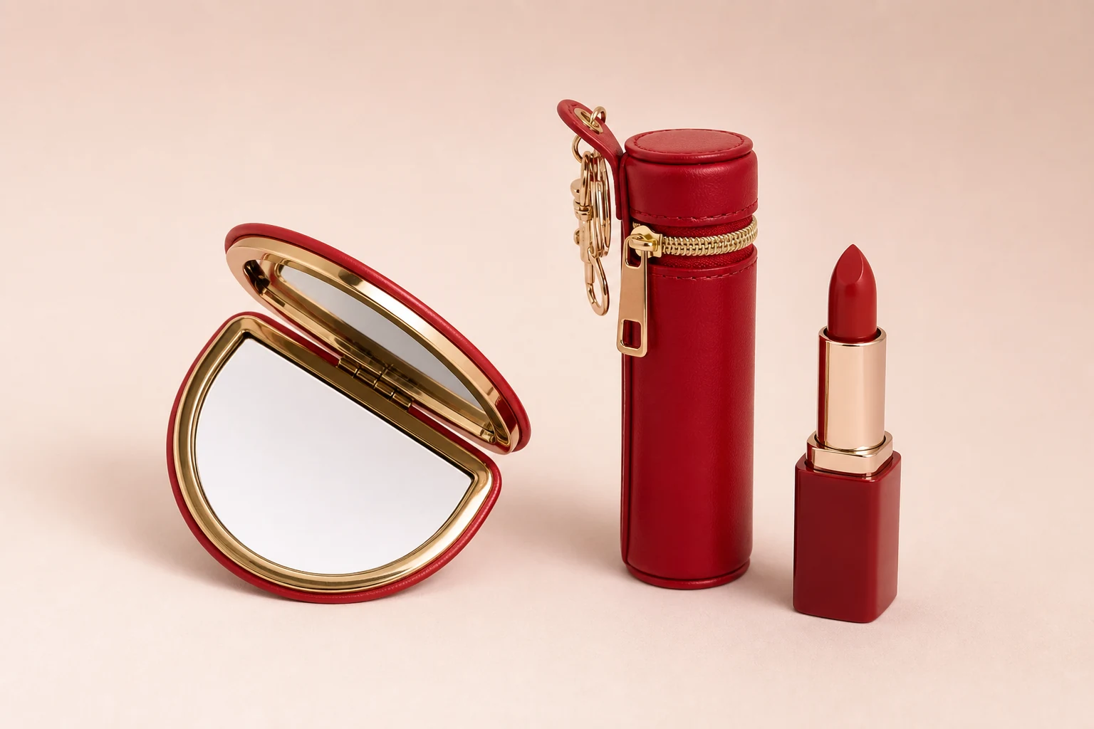 Composite presentation of red PU mirror pouch and unbranded lipstick for Australian beauty brand GWP case study