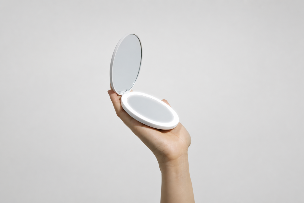 Open white 9 cm LED compact mirror developed for a 5,000-unit Iceland skincare retail order