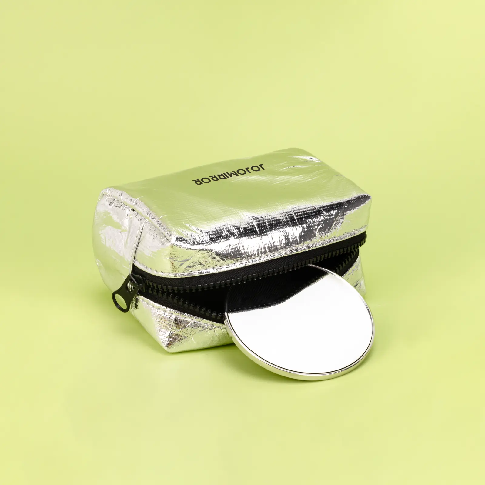 Round compact mirror with metallic zip cosmetic bag