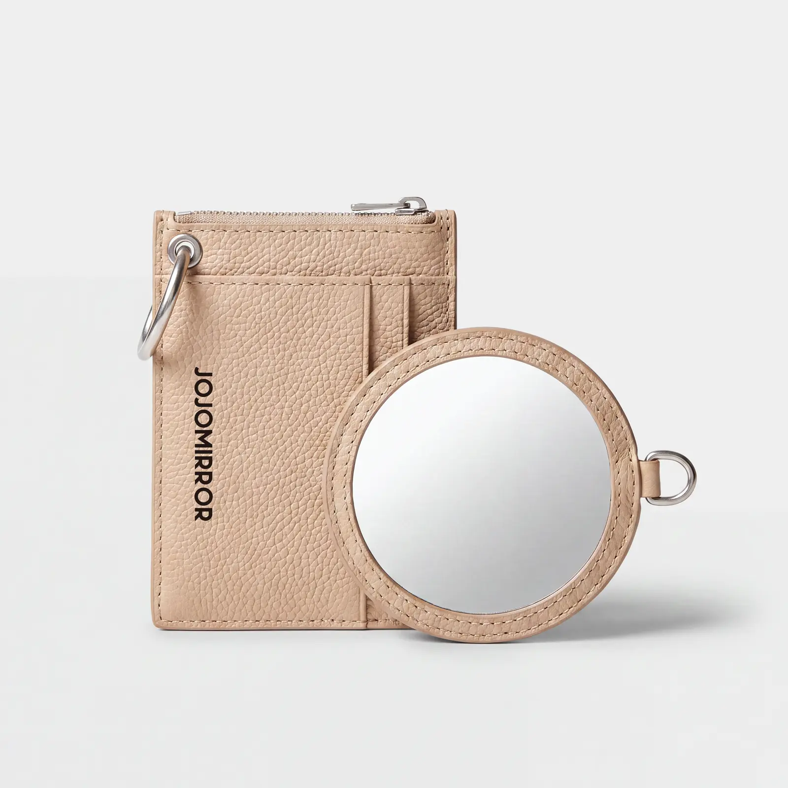 Round mirror with matching zip card pouch and metal rings