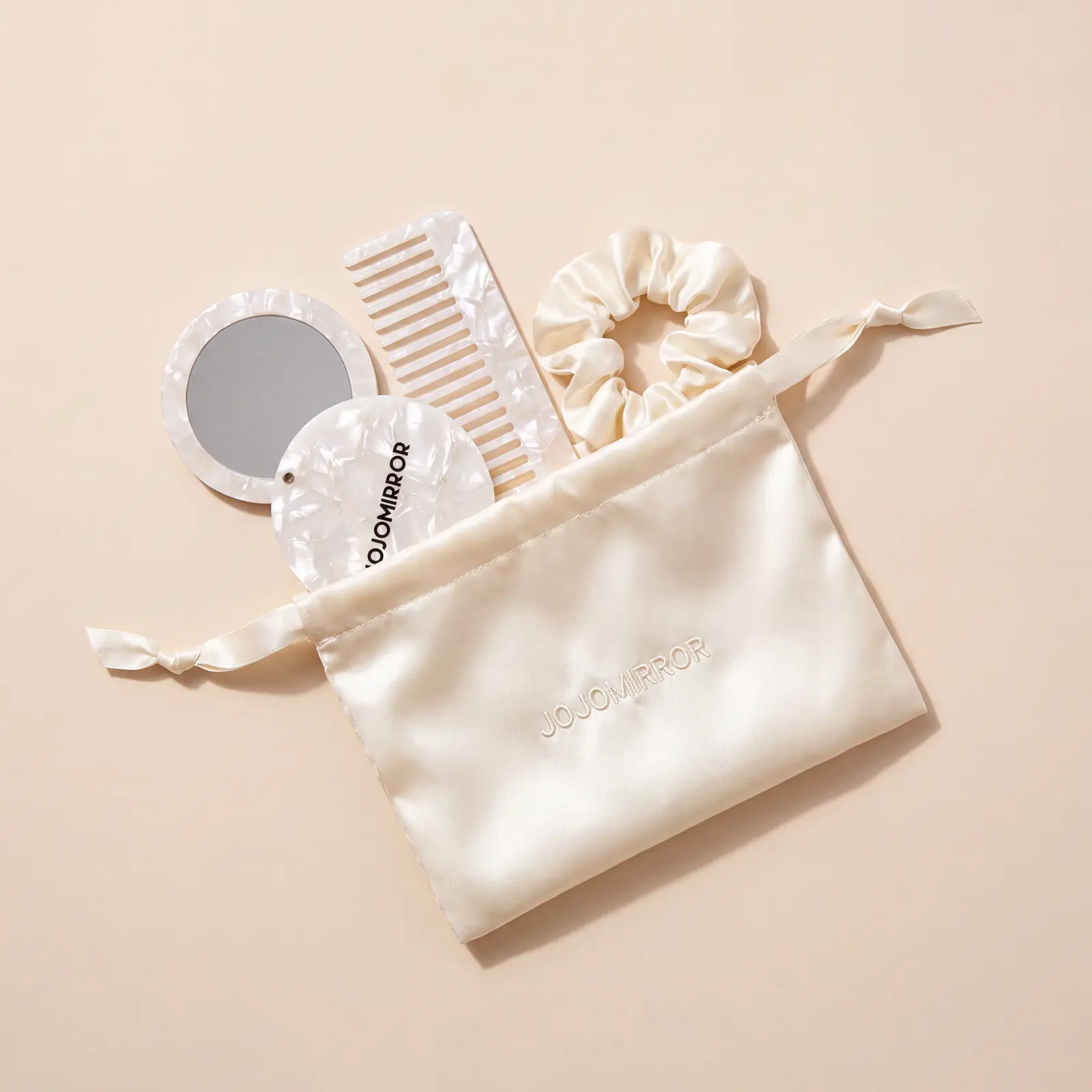 Pearl-effect compact mirror comb scrunchie and satin pouch set
