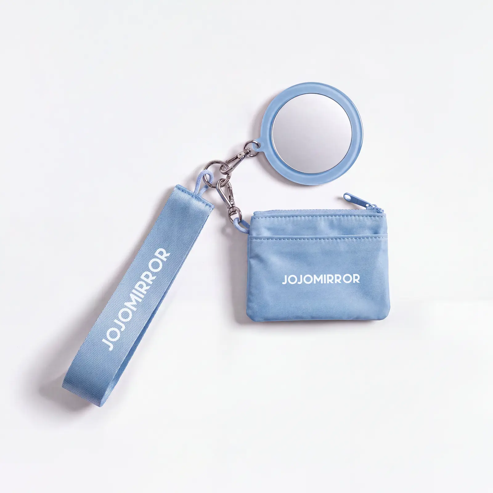 Blue round mirror with zip pouch wrist strap and metal clips