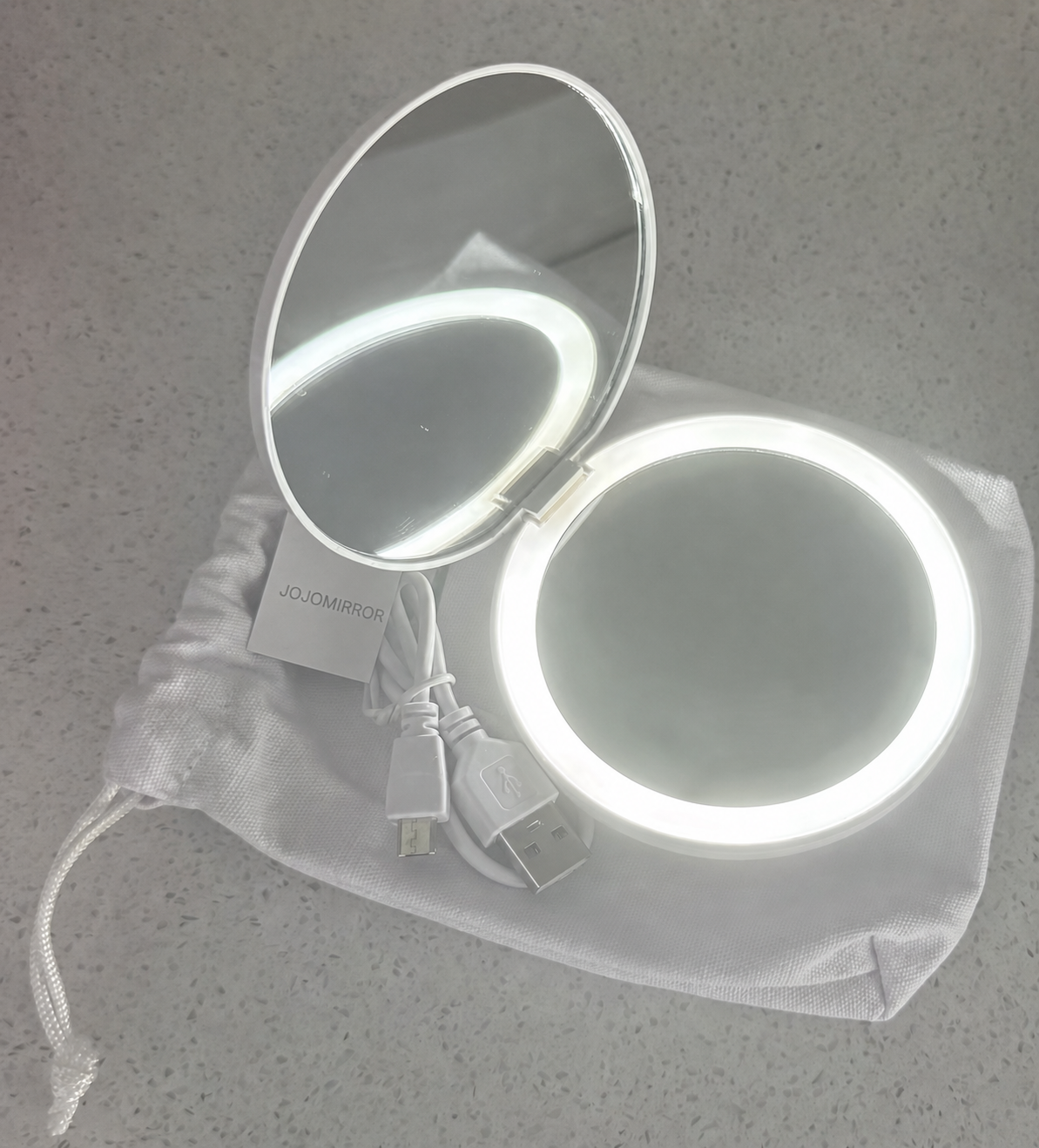 Open LED compact mirror sample with light, charging cable and drawstring pouch