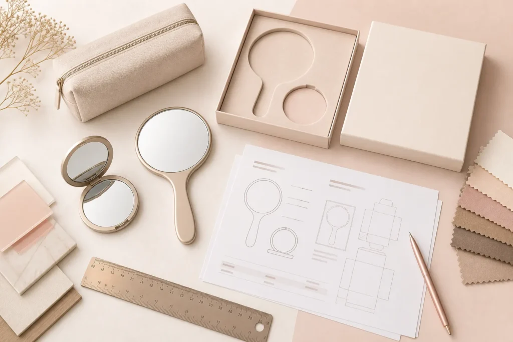 Illustrative mirror gift set RFQ planning with mirrors packaging swatches and specification sheet