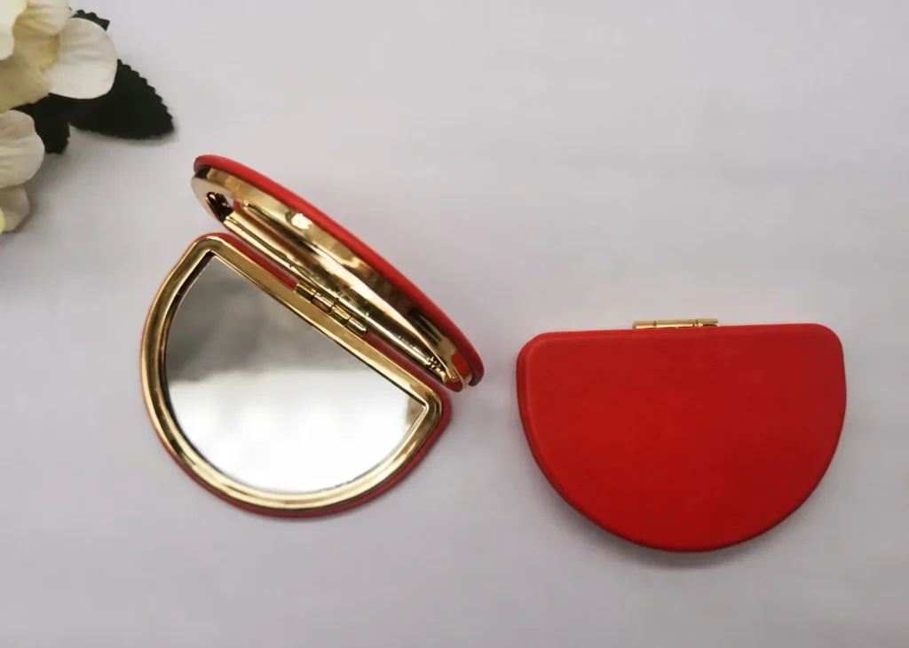 Real red PU semicircular double-sided mirror with customer branding removed